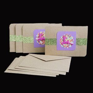 4 Kraft Winter Holiday Christmas Pink Glitter Deer w/ Lime Ribbon Greeting Cards